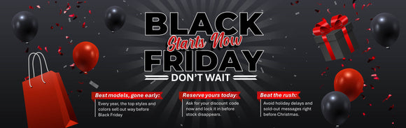 Black Friday promotional banner with shopping bags, balloons, and a gift box on a dark background.