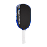 Pickleball paddle with black face, blue rim, and white handle on a white background