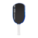 Pickleball paddle with black face, blue edges, and white handle on a white background