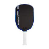 Pickleball paddle with black face, blue rim, and white handle on a white background