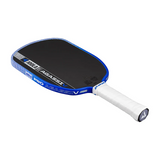 Pickleball paddle with blue and white design on a white background
