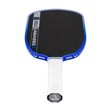 Pickleball paddle with blue and white design on a white background