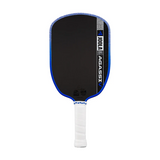 Pickleball paddle with black face, blue rim, and white handle on a white background