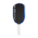 Pickleball paddle with blue and black design on a white background