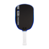 Pickleball paddle with black surface and blue rim on a white background