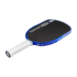 Pickleball paddle with blue and white design on a white background