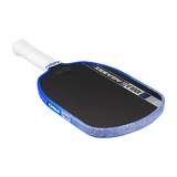 Pickleball paddle with blue and white design on a white background