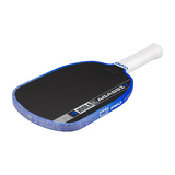 Pickleball paddle with blue and white design on a white background
