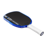 Pickleball paddle with blue rim and white handle on a white background