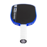 Pickleball paddle with blue and white design on a white background