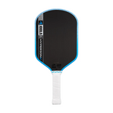 Pickleball paddle with black face, blue rim, and white handle on a white background