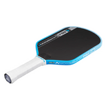 Pickleball paddle with blue rim and white handle on a white background