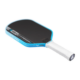 Pickleball paddle with black surface and blue rim on a white background
