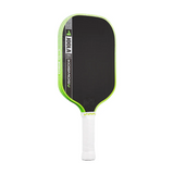 Pickleball paddle with black face, green rim, and white handle on a white background