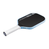 Pickleball paddle with black face and blue handle on a white background