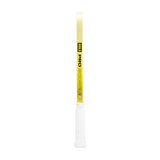 White and yellow pickleball paddle branding on a white background