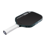 Pickleball paddle with black surface and white handle on a white background