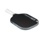 Pickleball paddle with black surface and white handle on a white background