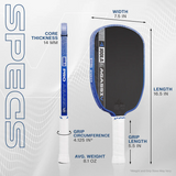 Pickleball paddle with specifications labeled on a white background