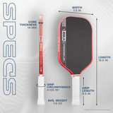 Pickleball paddle with specifications labeled on a white background