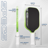 Pickleball paddle with specifications labeled on a white background