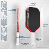 Pickleball paddle with specifications labeled on a white background