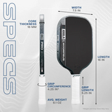 Scorpus pickleball paddle with detailed specifications on a gray background