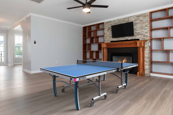 Butterfly table tennis table in a room with wooden flooring, bookshelves, and a fireplace.