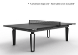 A black KETTLER conversion table shown from an elevated angle on a light gray background, with a text overlay at the top stating '* Conversion tops only - Pool table is not included'.