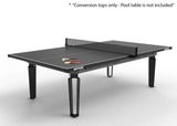 A black KettleBURN fitness table with a net, shown on a light gray background with a small text note at the top stating '* Conversion tops only - Pool table is not included'.